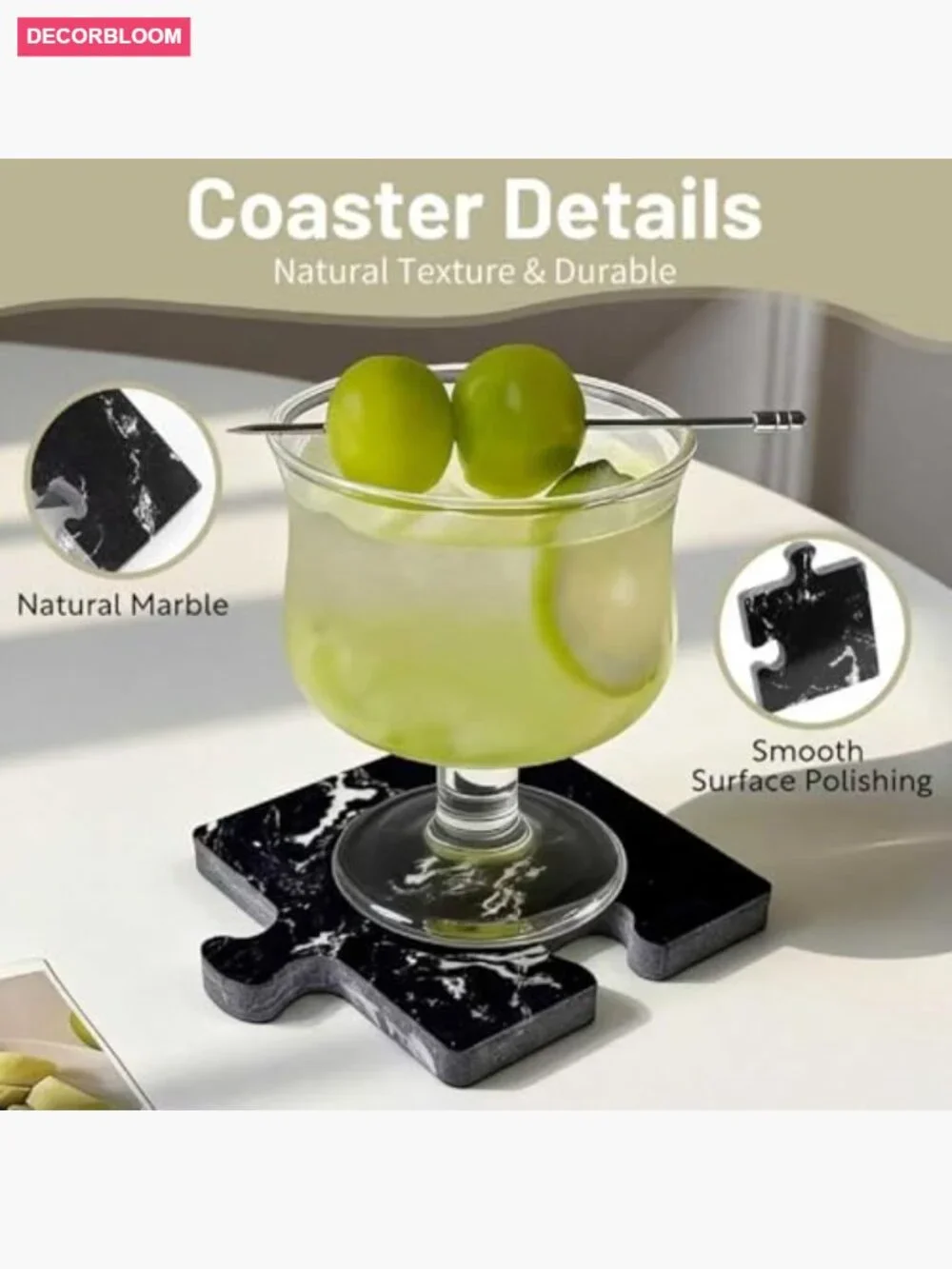 Set of 4 Natural Stone Coasters for Drinks - Modern Decorative